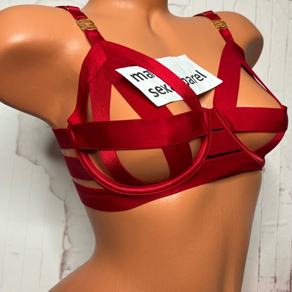 VS LUXE 32 34 36 38 BRA BANDED STRAPPY CAGED CUT OUT BONDAGE RED RINGS HARNESS